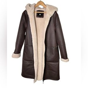 DKNY Coat Women Large Brown Hooded Faux Shearling Mid Length Overcoat Winter NWT